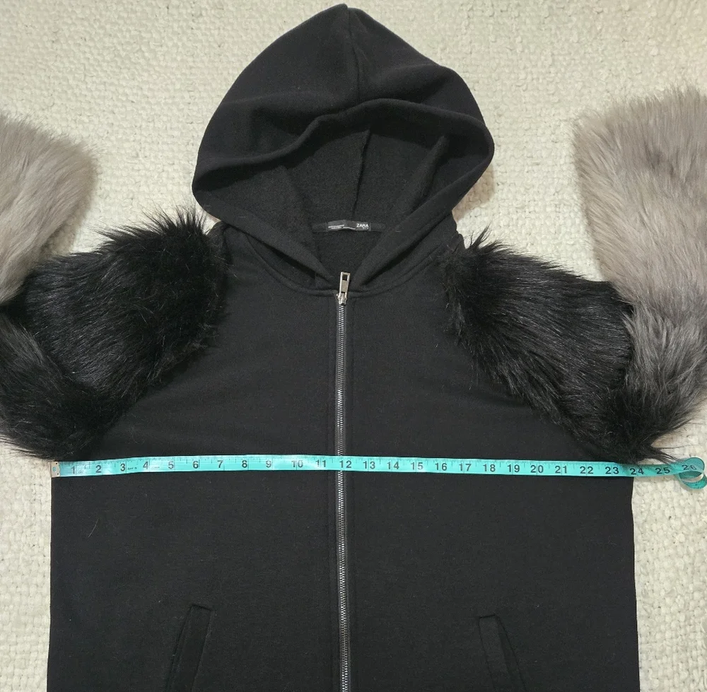 ZARA Black Zippered Hoodie Sweater Black Gray Ombre Faux Fur Sleeves Medium - Picture 12 of 15